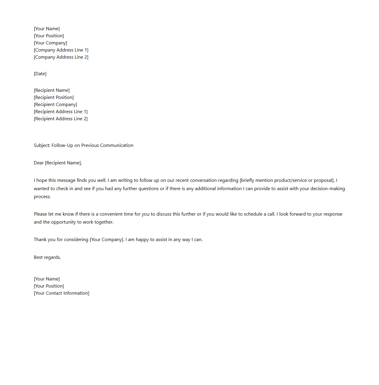 Blank Follow-Up Communication Letter for Sales Leads