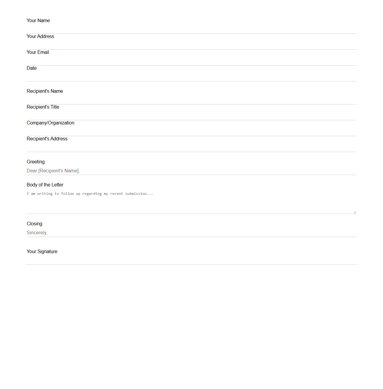 Blank Follow-Up Letter Template After Submission