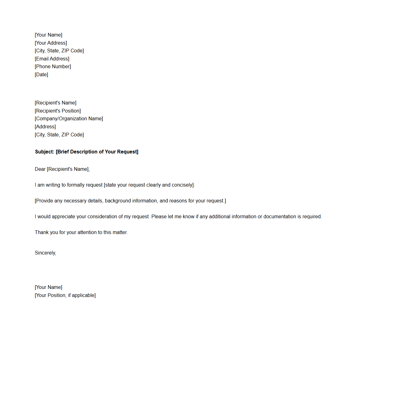Blank Formal Request Letter Format