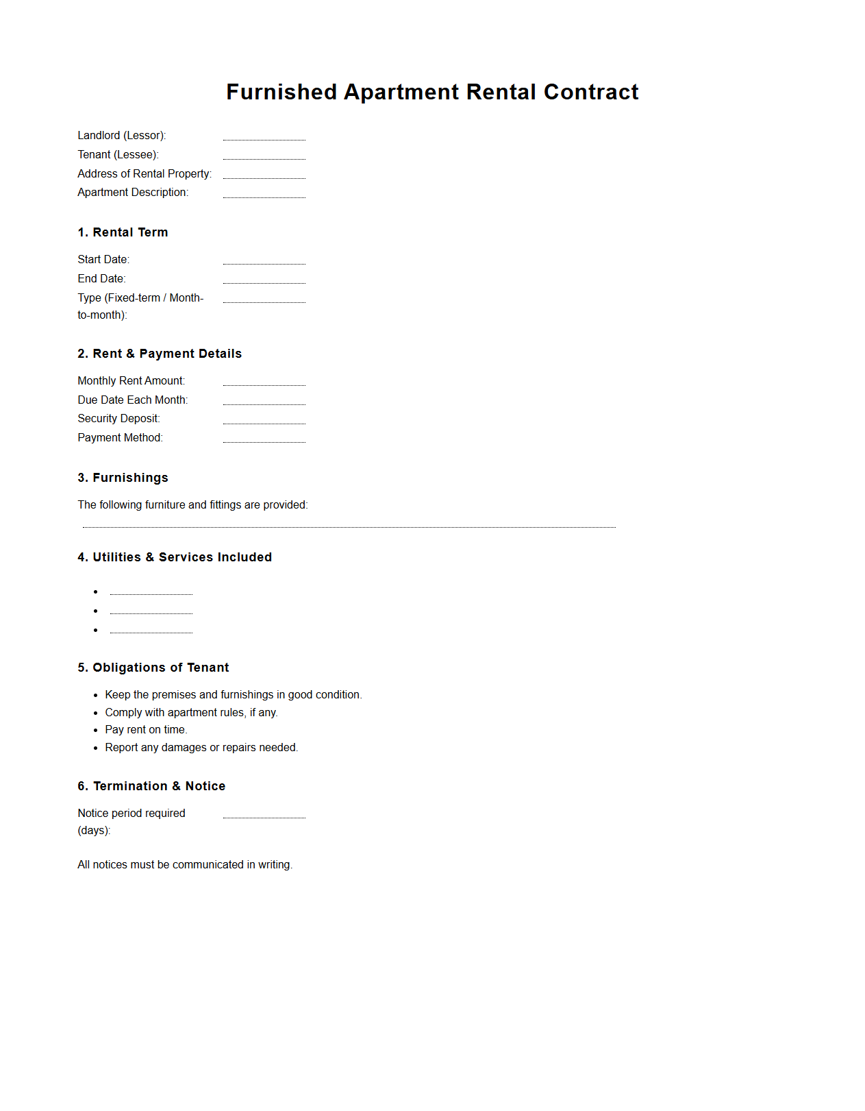 Blank Furnished Apartment Rental Contract Template