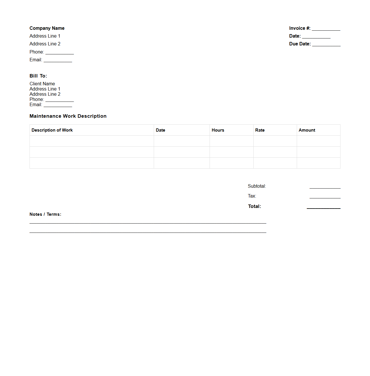 Blank General Maintenance Work Invoice Template