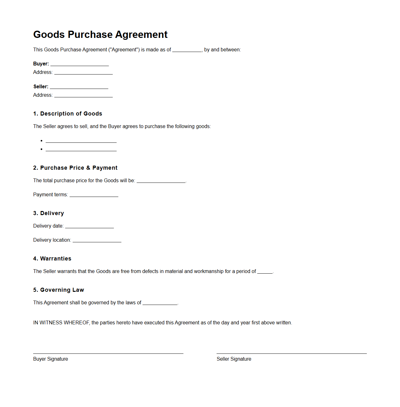 Blank Goods Purchase Agreement Sample