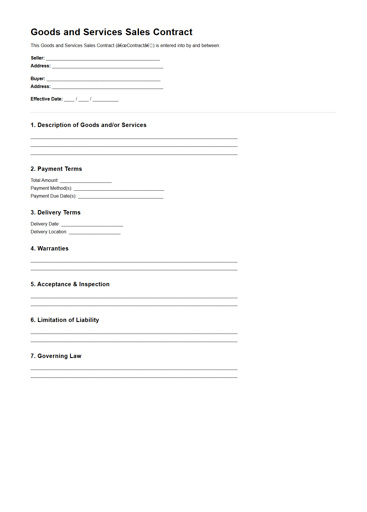 Blank Goods and Services Sales Contract Template