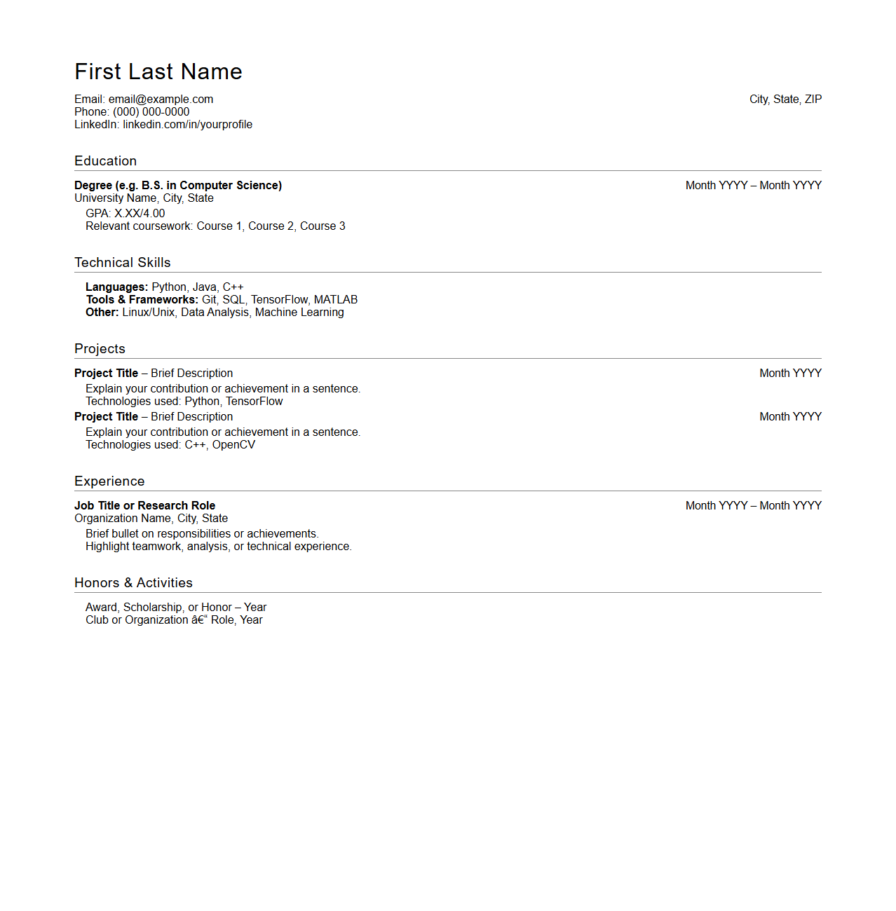 Blank Graduate Resume Template for STEM Graduates