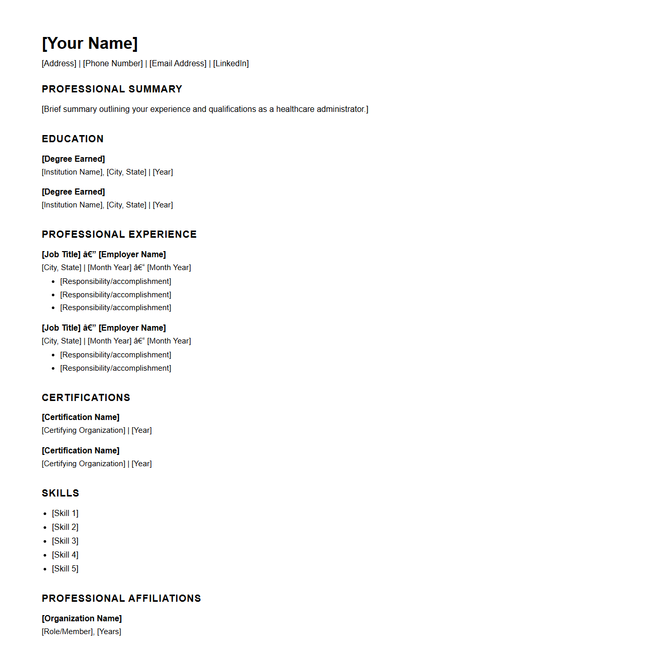 Blank Healthcare Administrator Resume Template