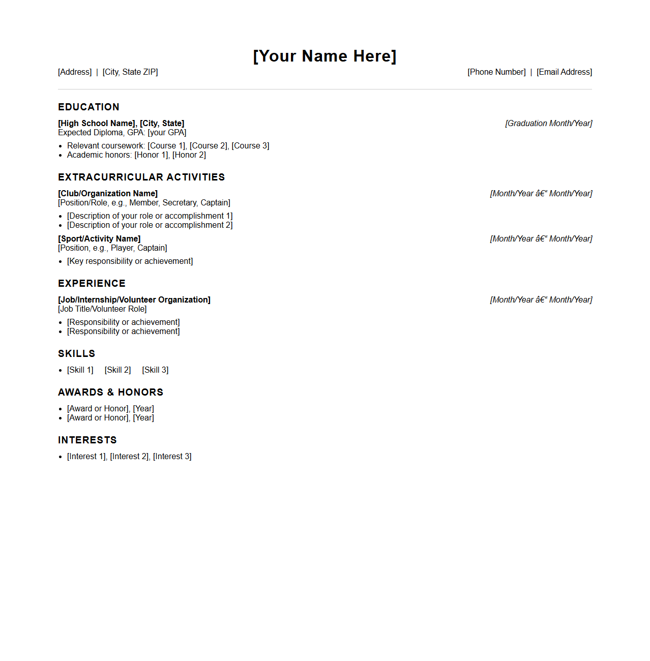 Blank High School Student Resume Template for College Applications