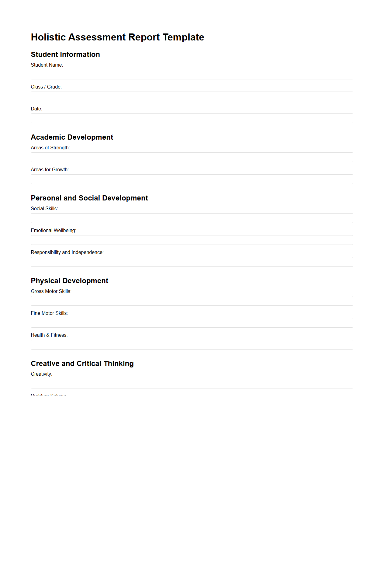 Blank Holistic Assessment Report Template for Education