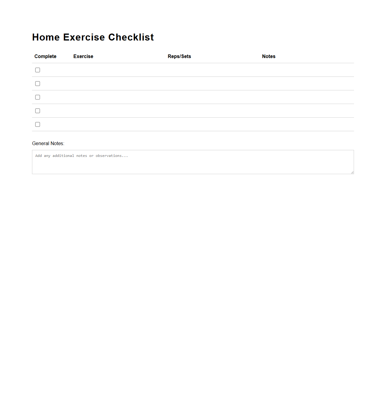 Blank Home Exercise Checklist Template for At-Home Workouts