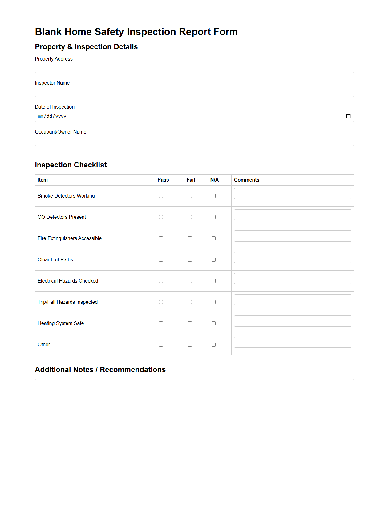 Blank Home Safety Inspection Report Form