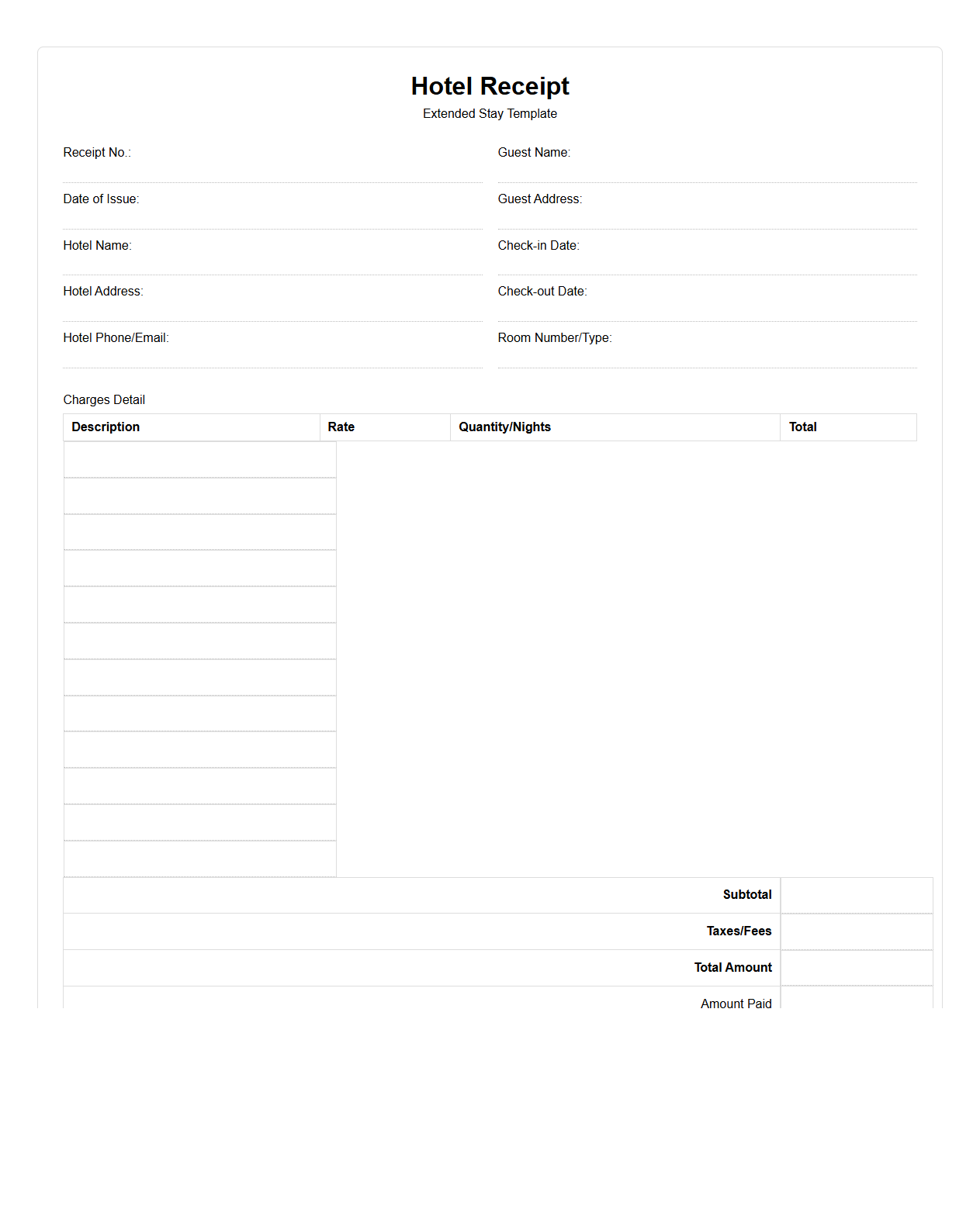 Blank Hotel Receipt Template for Extended Stays