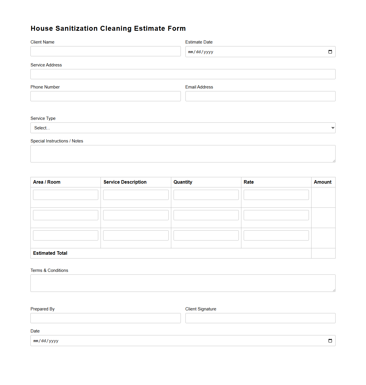 Blank House Sanitization Cleaning Estimate Form