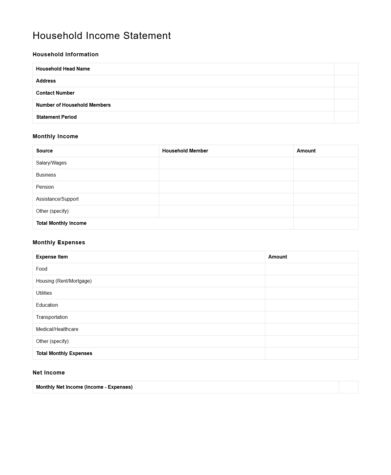 Blank Household Income Statement Sample