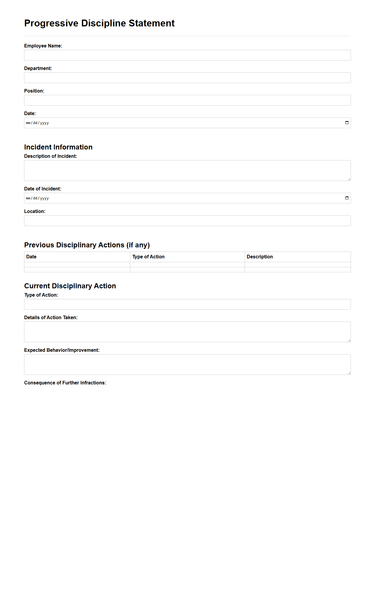 Blank HR Progressive Discipline Statement Template