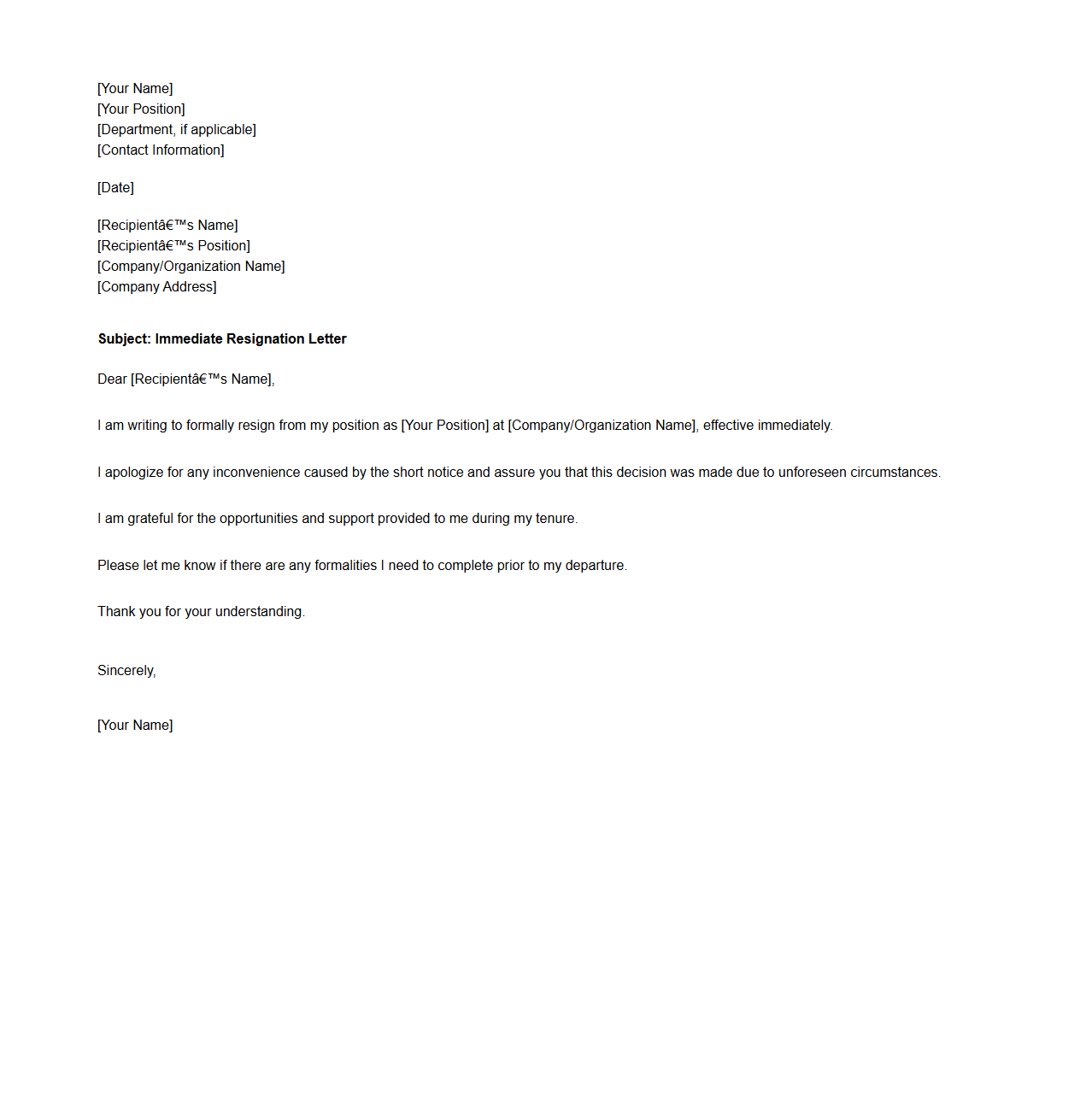 Blank Immediate Resignation Letter Template for Staff