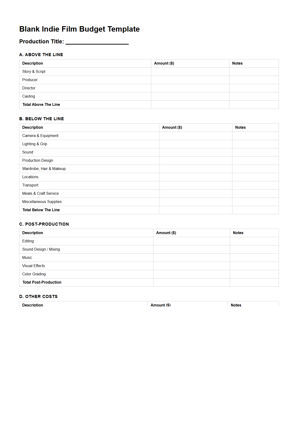 Blank Indie Film Budget Template for Low-Budget Productions