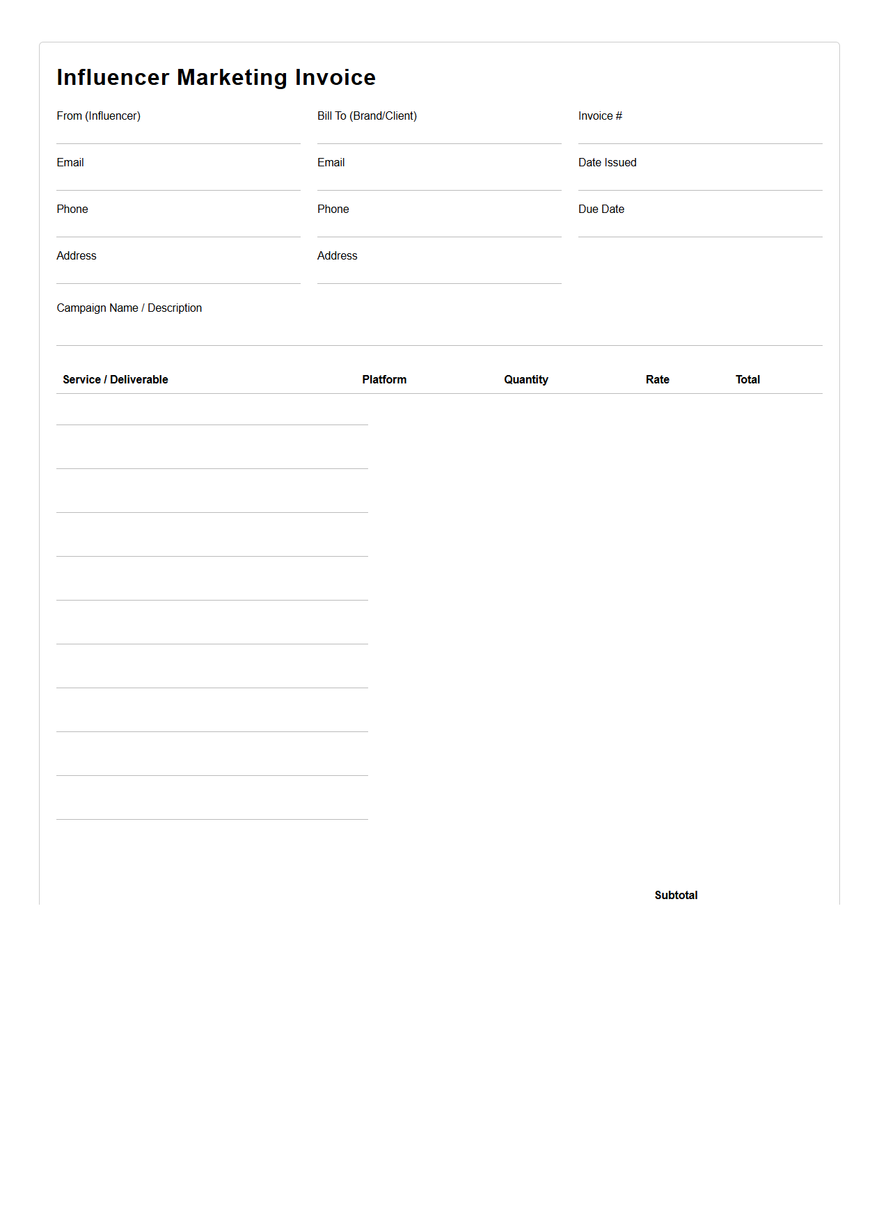 Blank Influencer Marketing Invoice Template