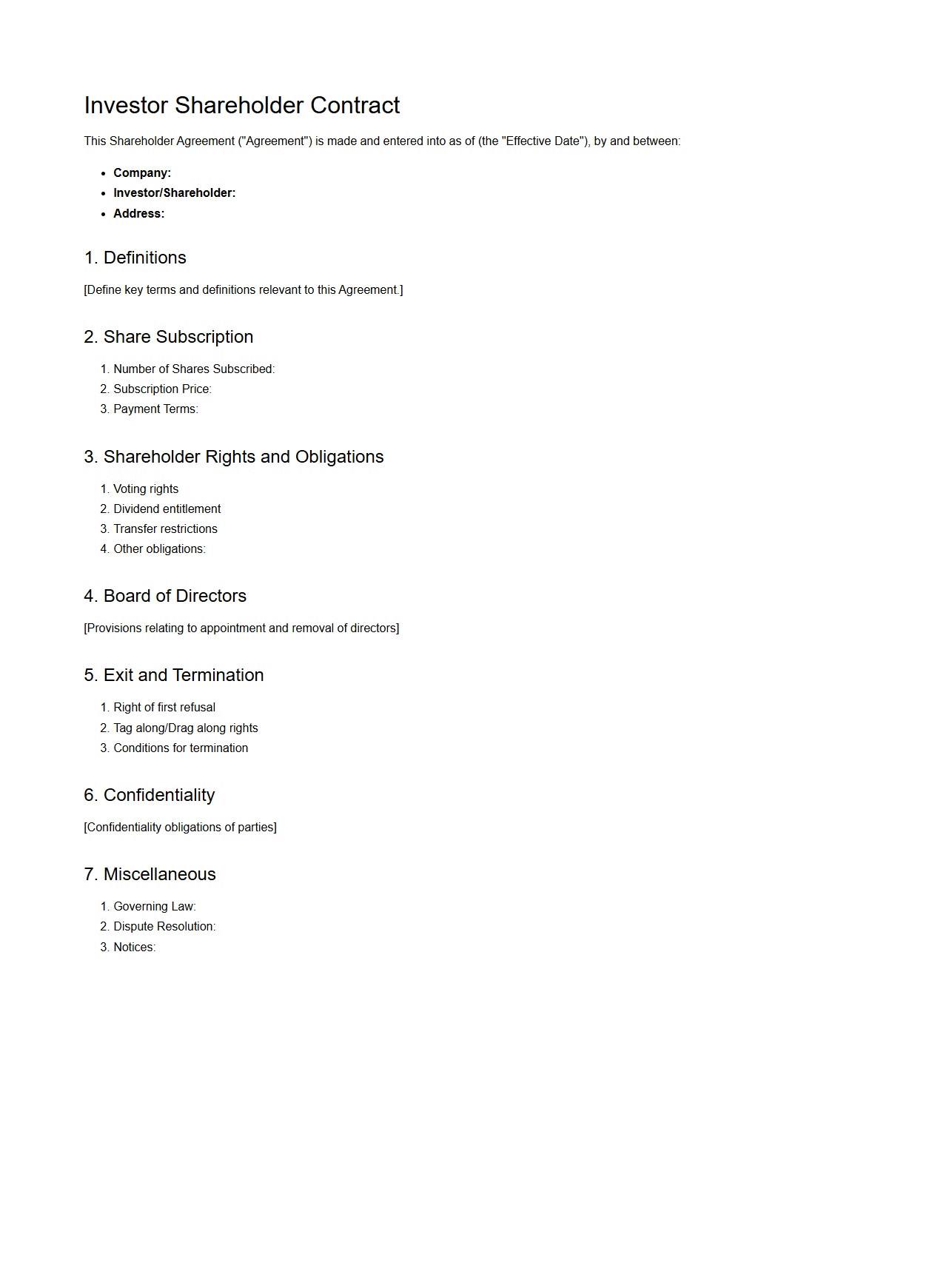 Blank Investor Shareholder Contract Template
