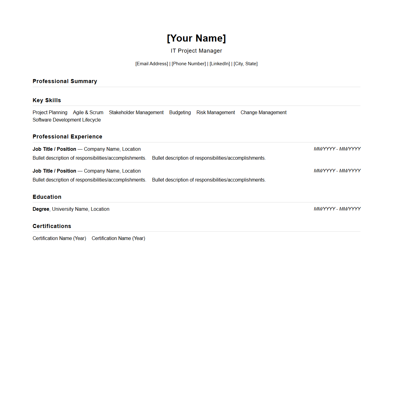 Blank IT Project Manager Resume Template