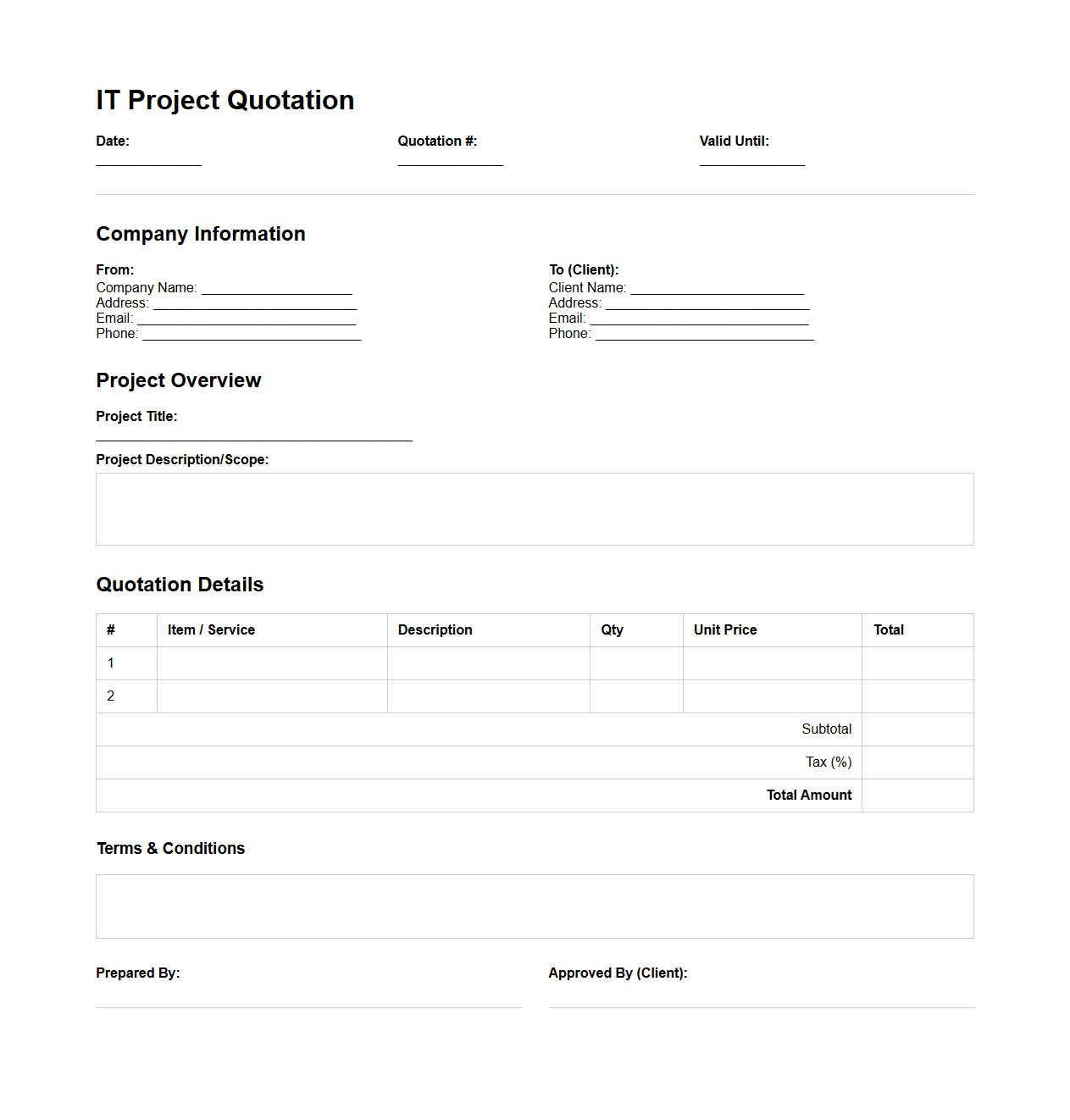 Blank IT Project Quotation Template