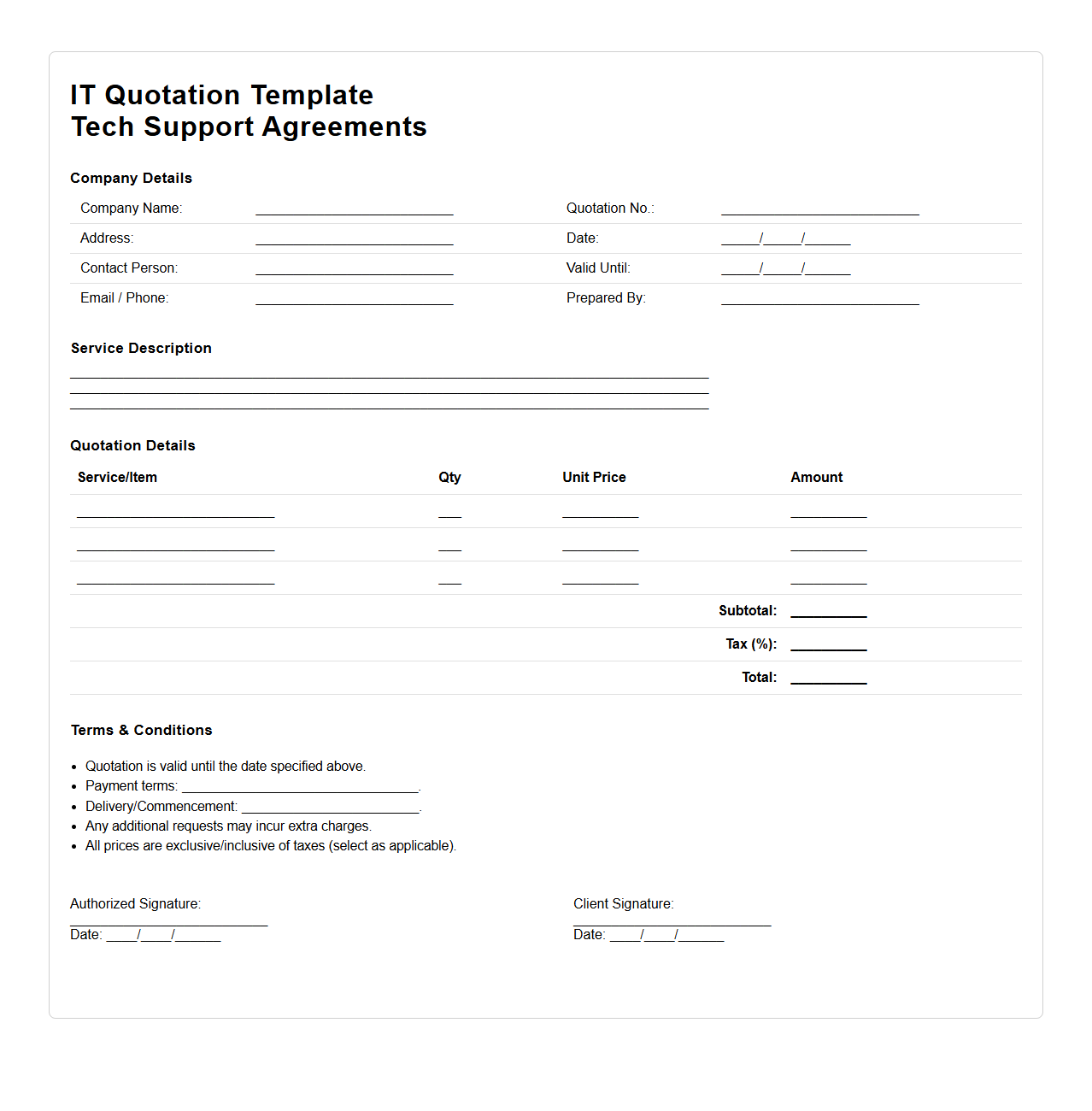 Blank IT Quotation Template for Tech Support Agreements