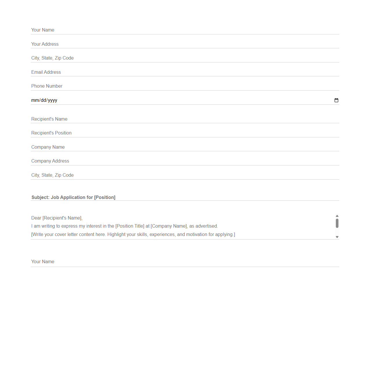 Blank Job Application Letter Template for Employment Requests