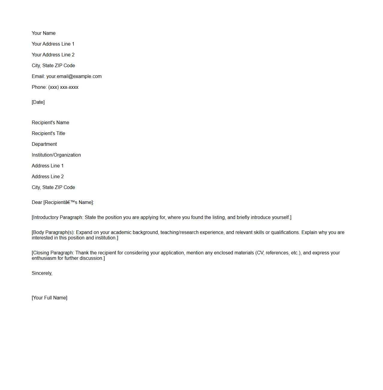 Blank Letter Template for Academic Cover Letter