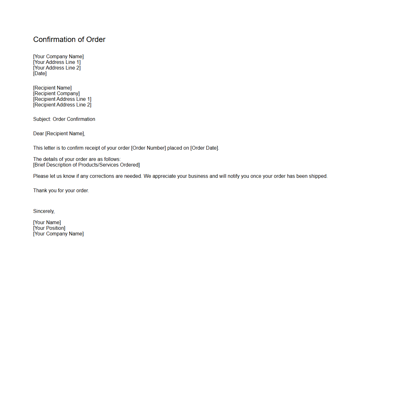 Blank Letter Template for Confirmation of Order
