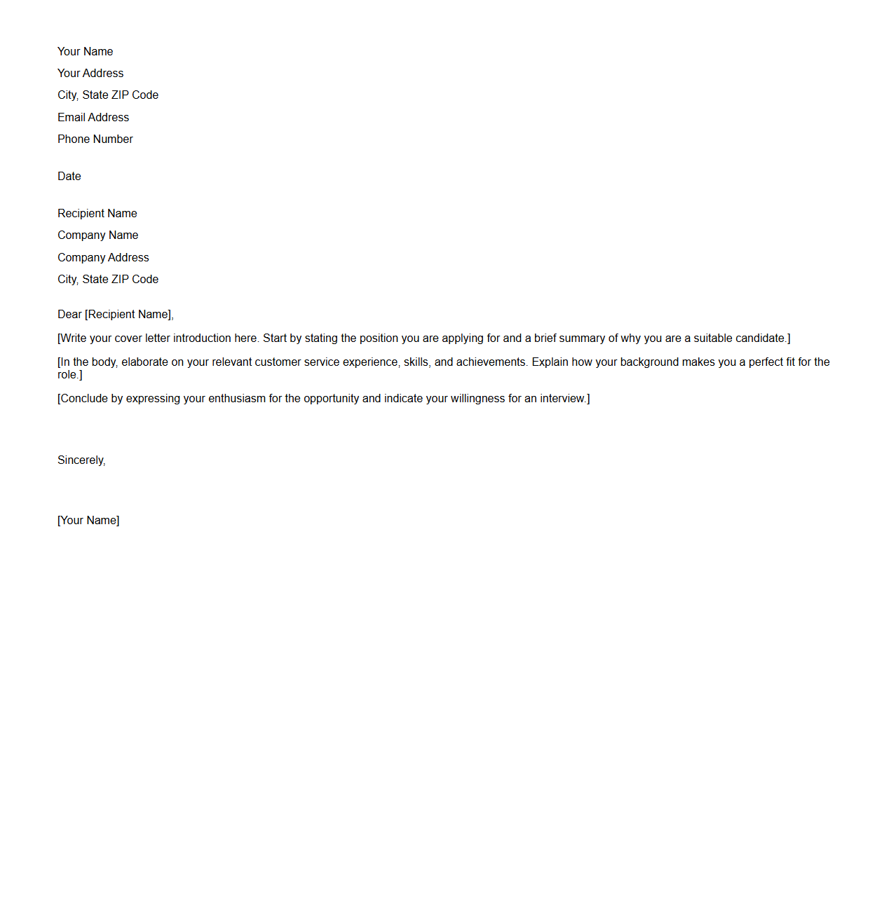 Blank Letter Template for Customer Service Cover Letter