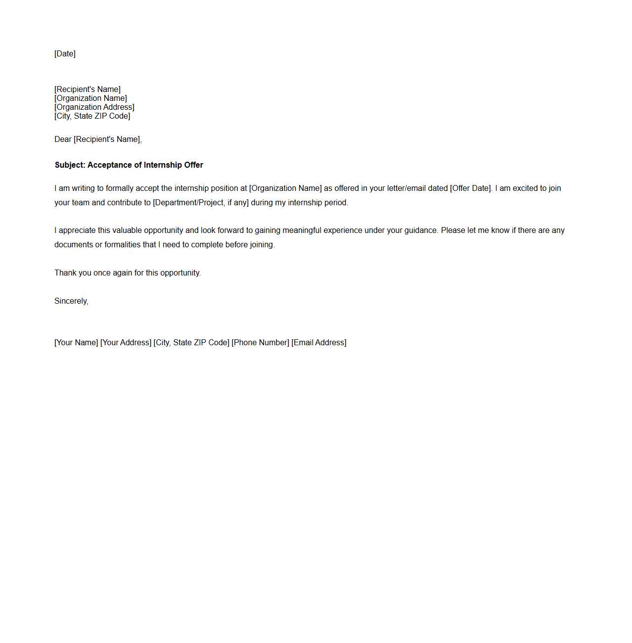 Blank Letter Template for Internship Acceptance