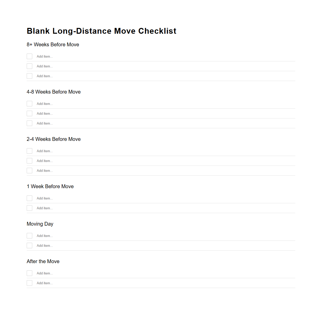 Blank Long-Distance Move Checklist Template