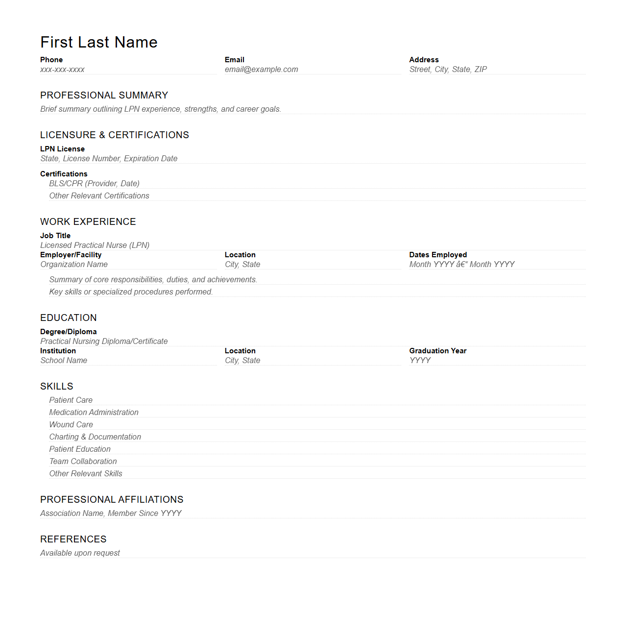 Blank LPN Resume Structure for Healthcare Jobs