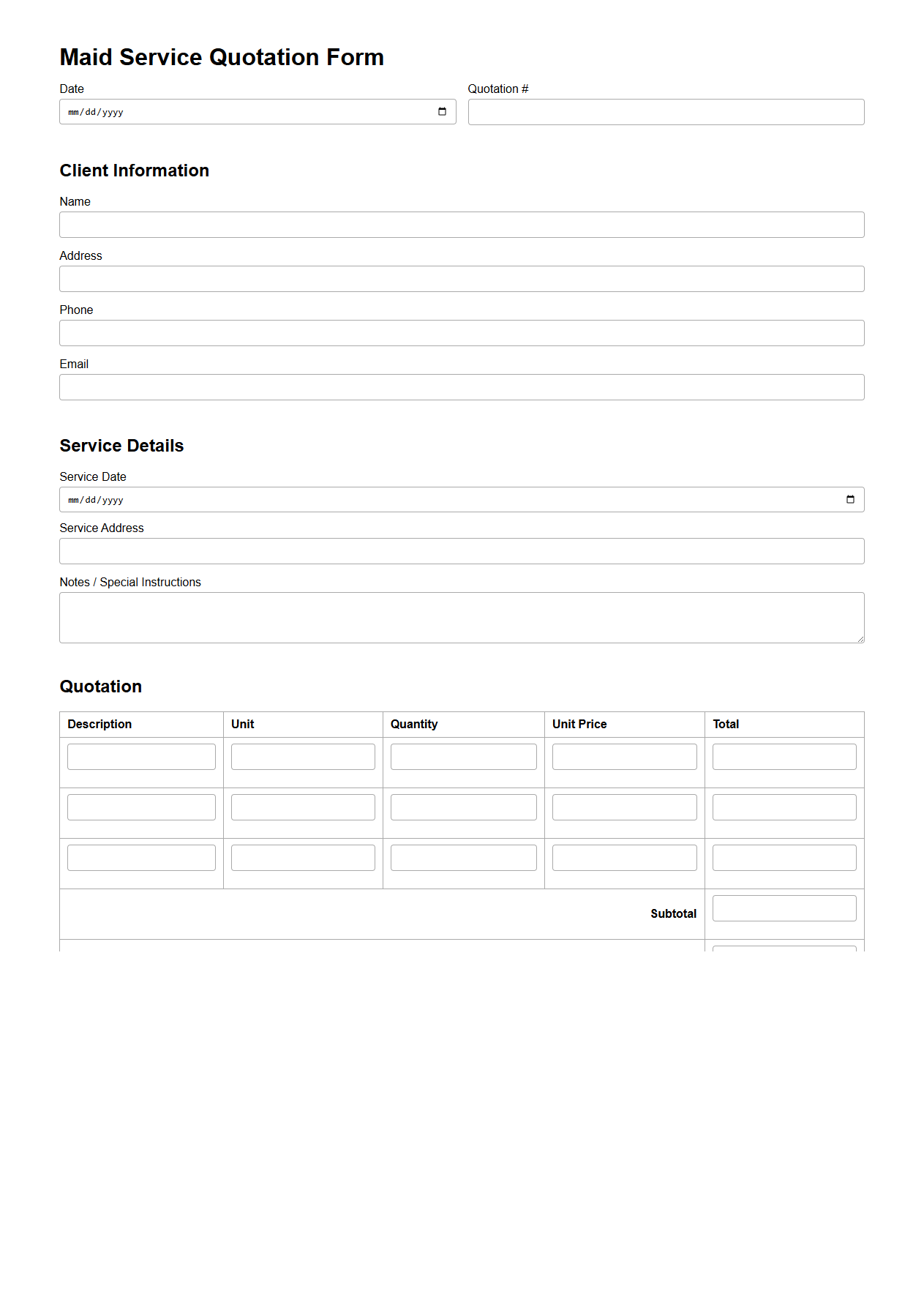 Blank Maid Service Quotation Form
