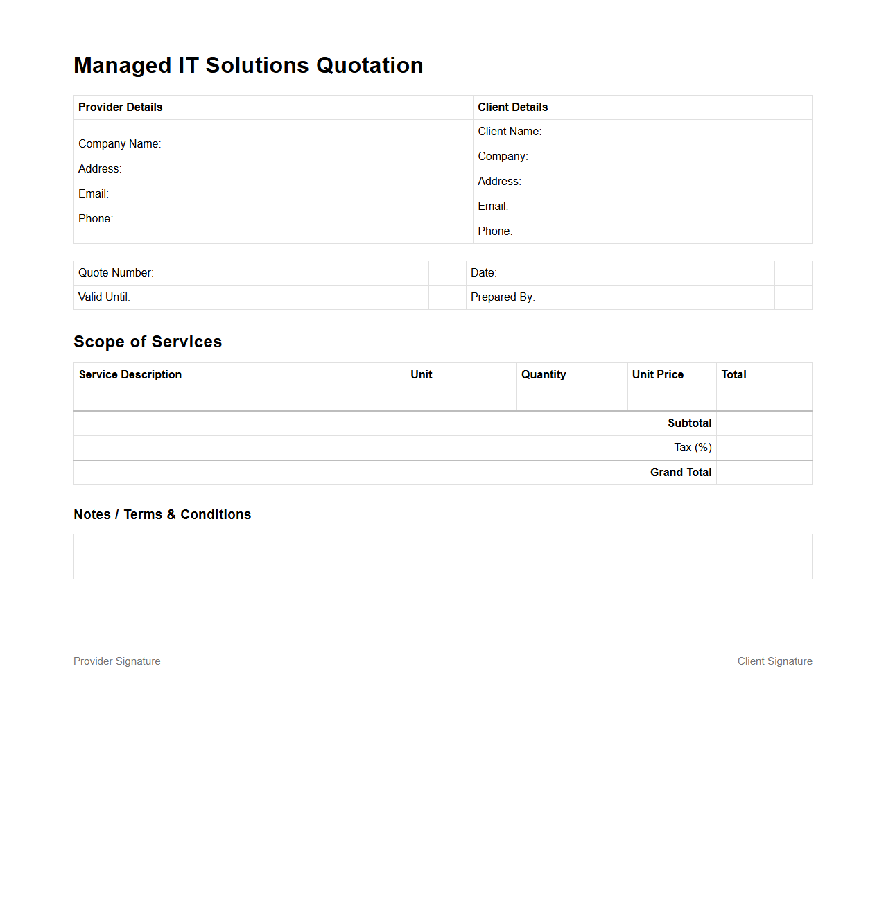 Blank Managed IT Solutions Quotation Template