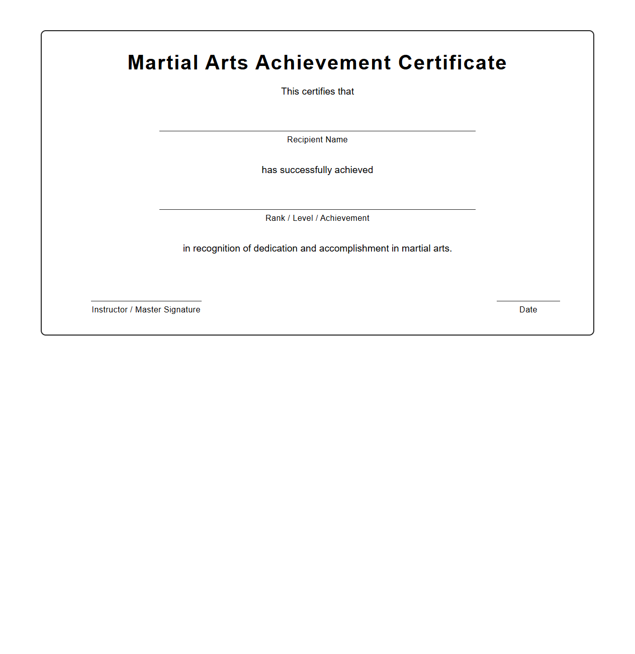 Blank Martial Arts Achievement Certificate Template