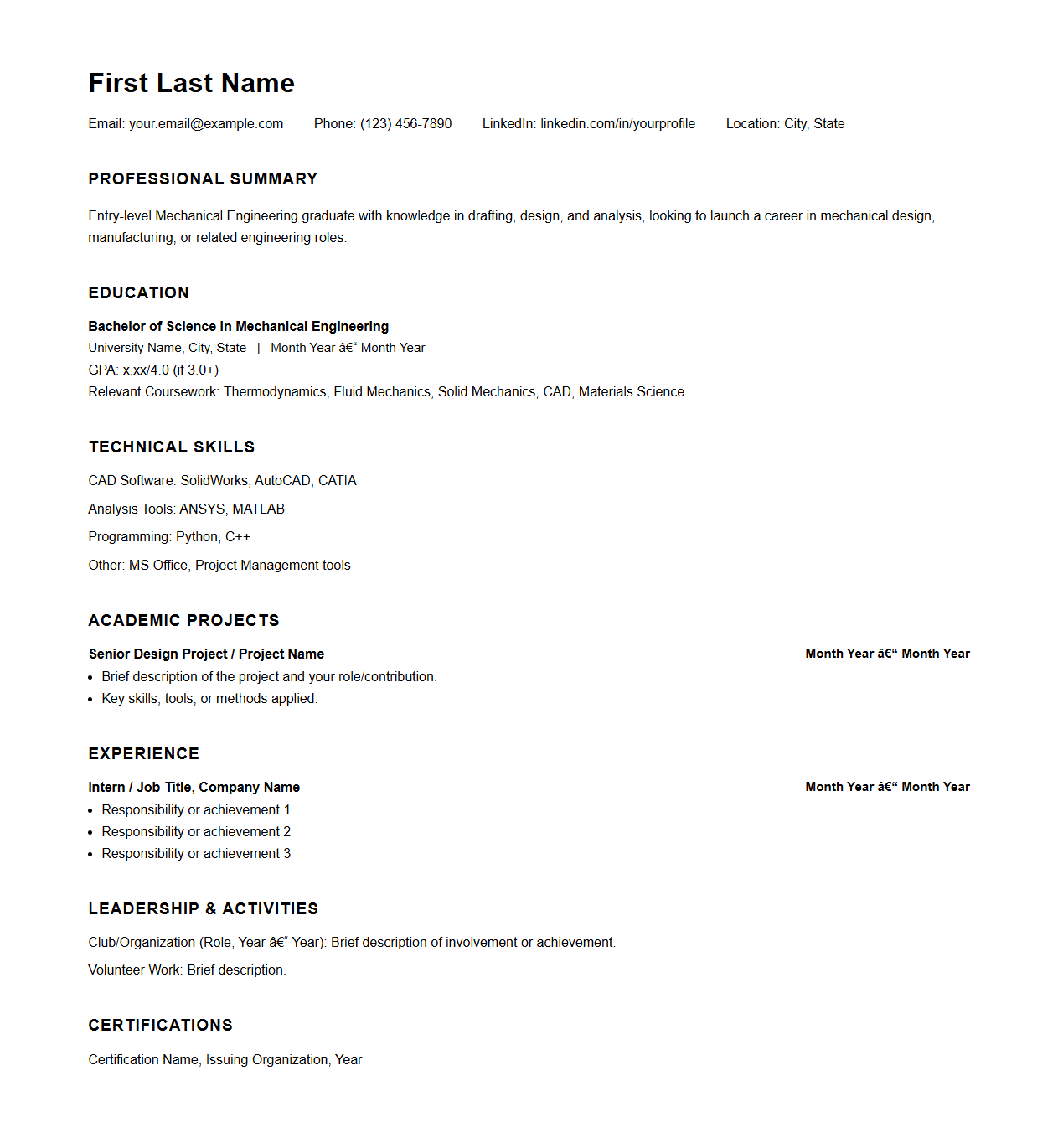 Blank Mechanical Engineering Resume Template for Entry-Level Engineers