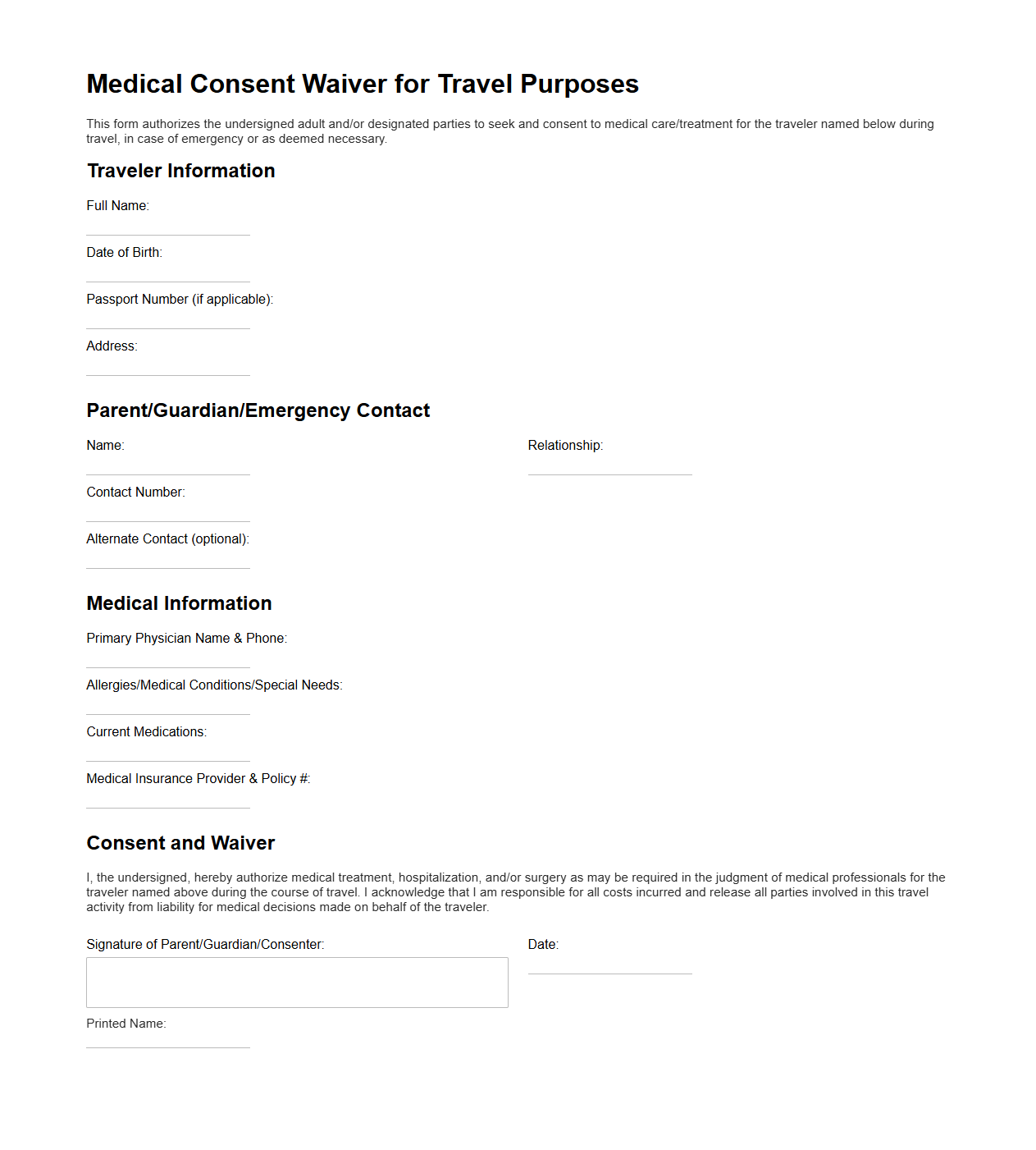 Blank Medical Consent Waiver for Travel Purposes