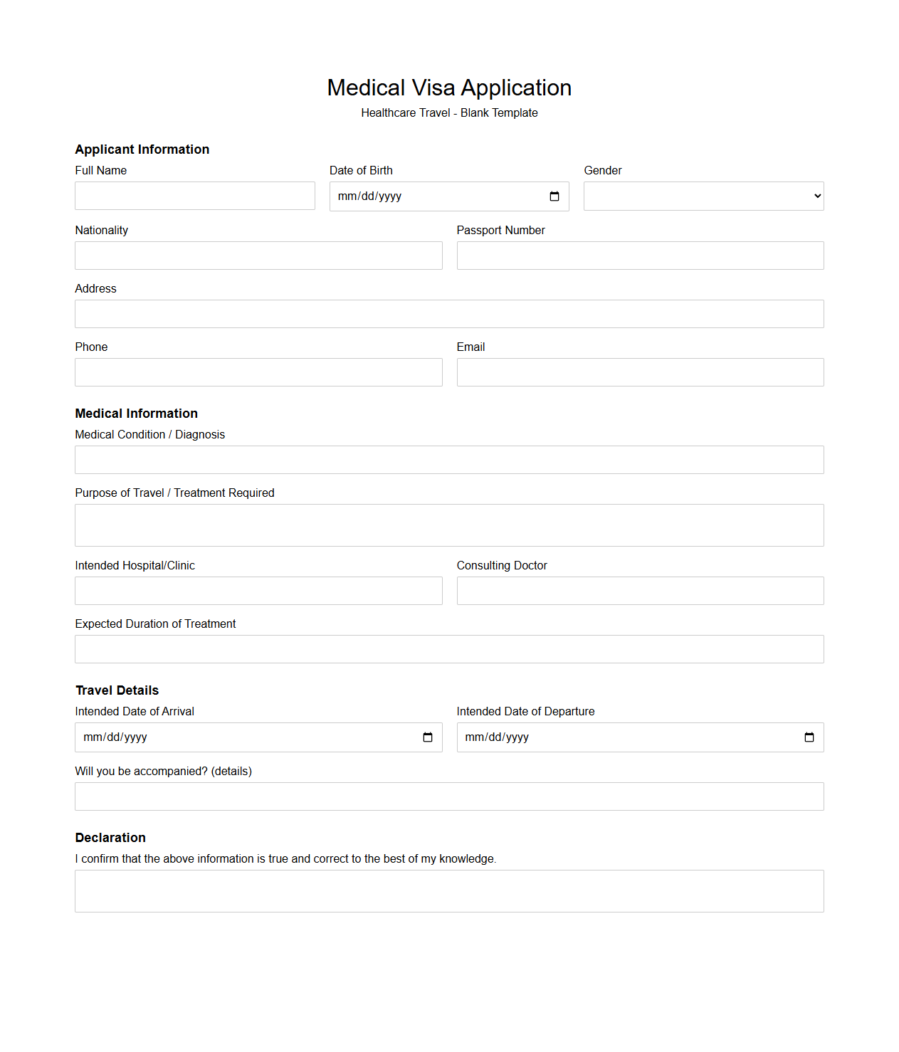 Blank Medical Visa Application Template for Healthcare Travel