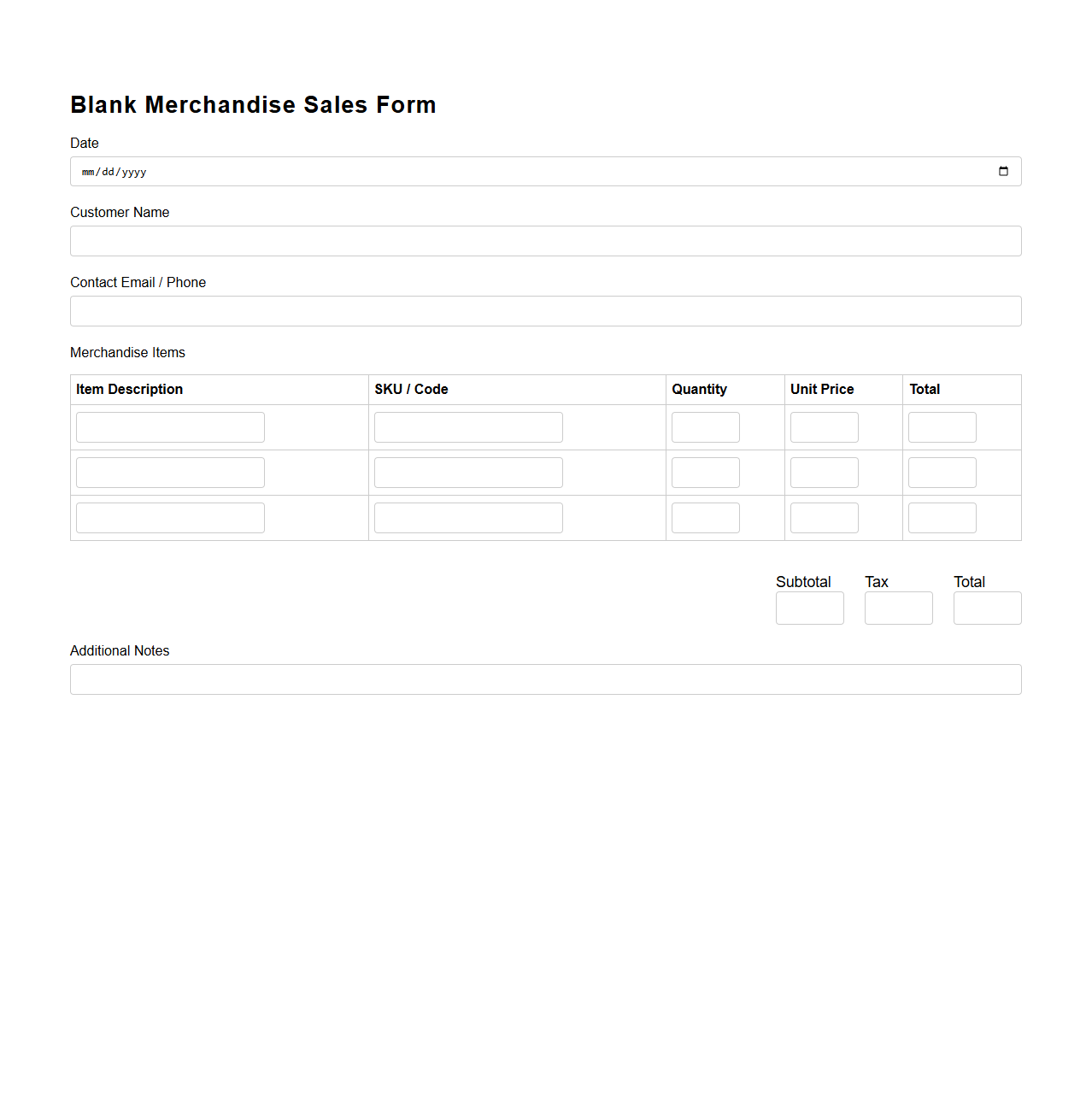 Blank Merchandise Sales Form Template