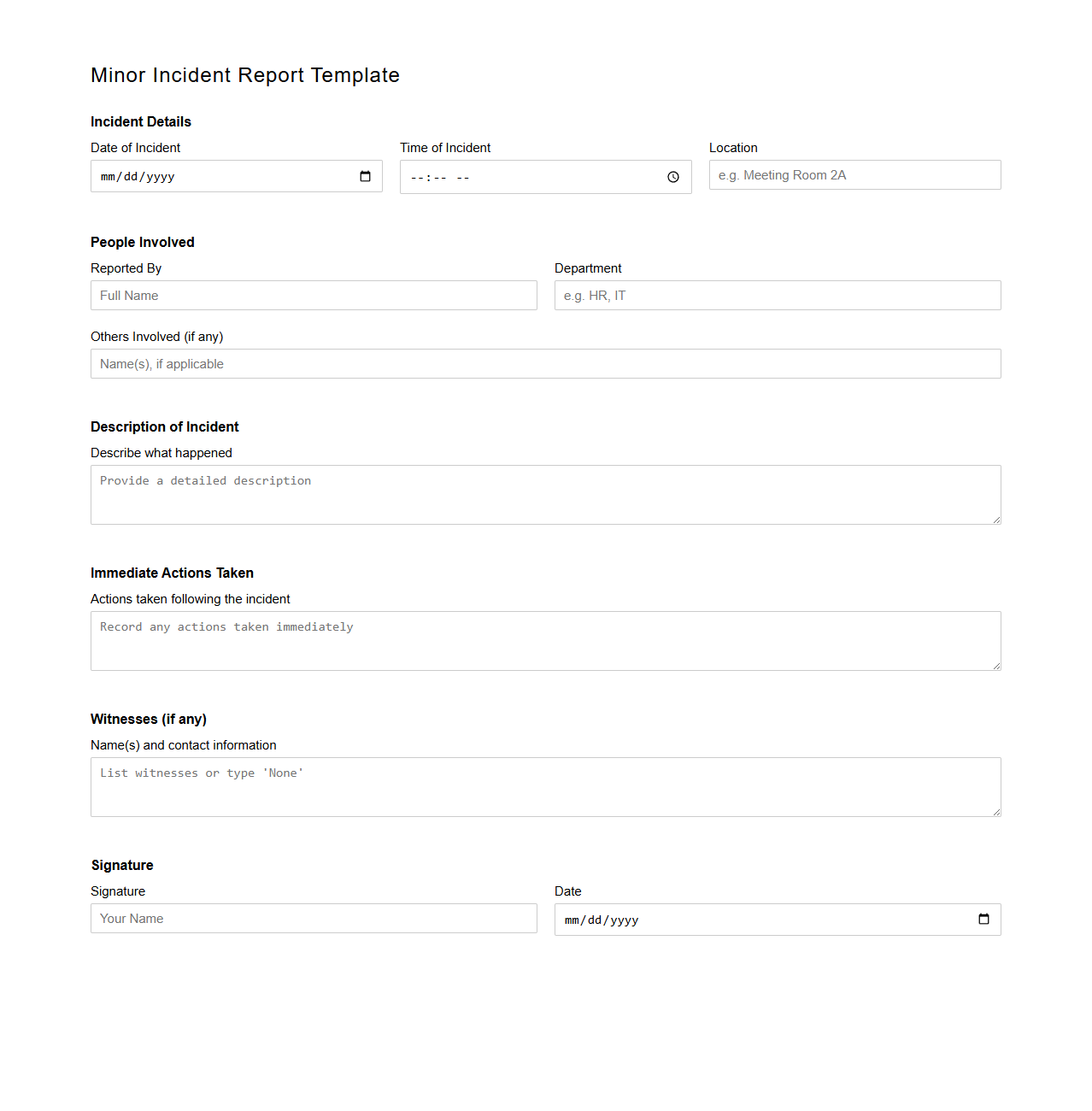 Blank Minor Incident Report Template for Offices
