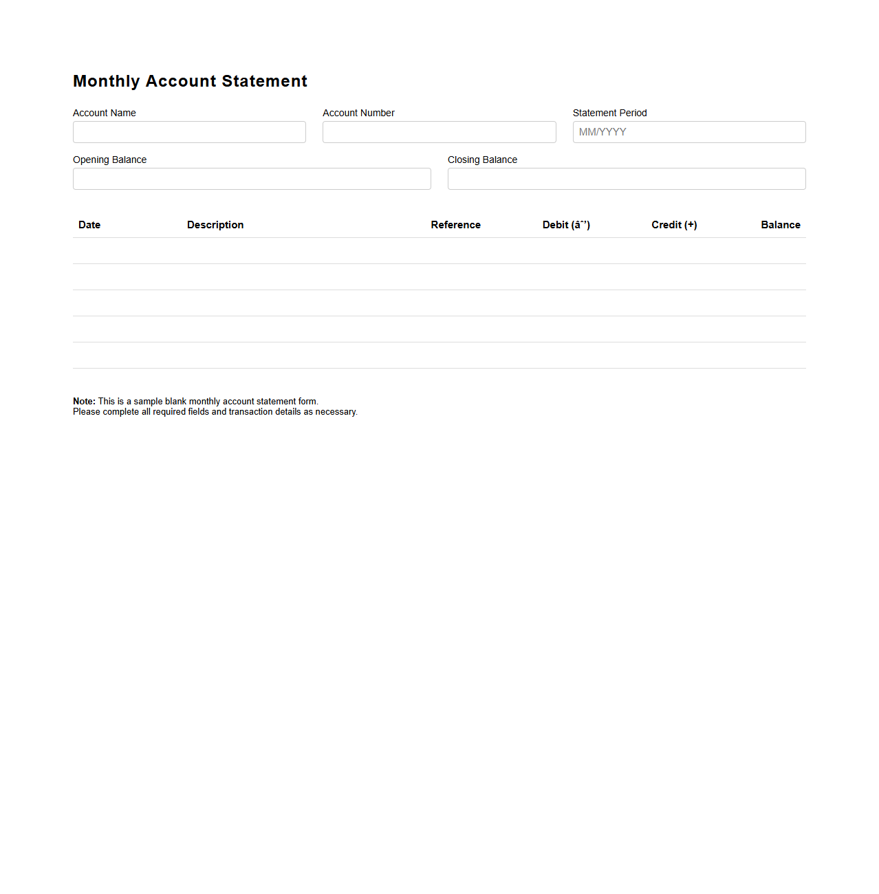 Blank Monthly Account Statement Form