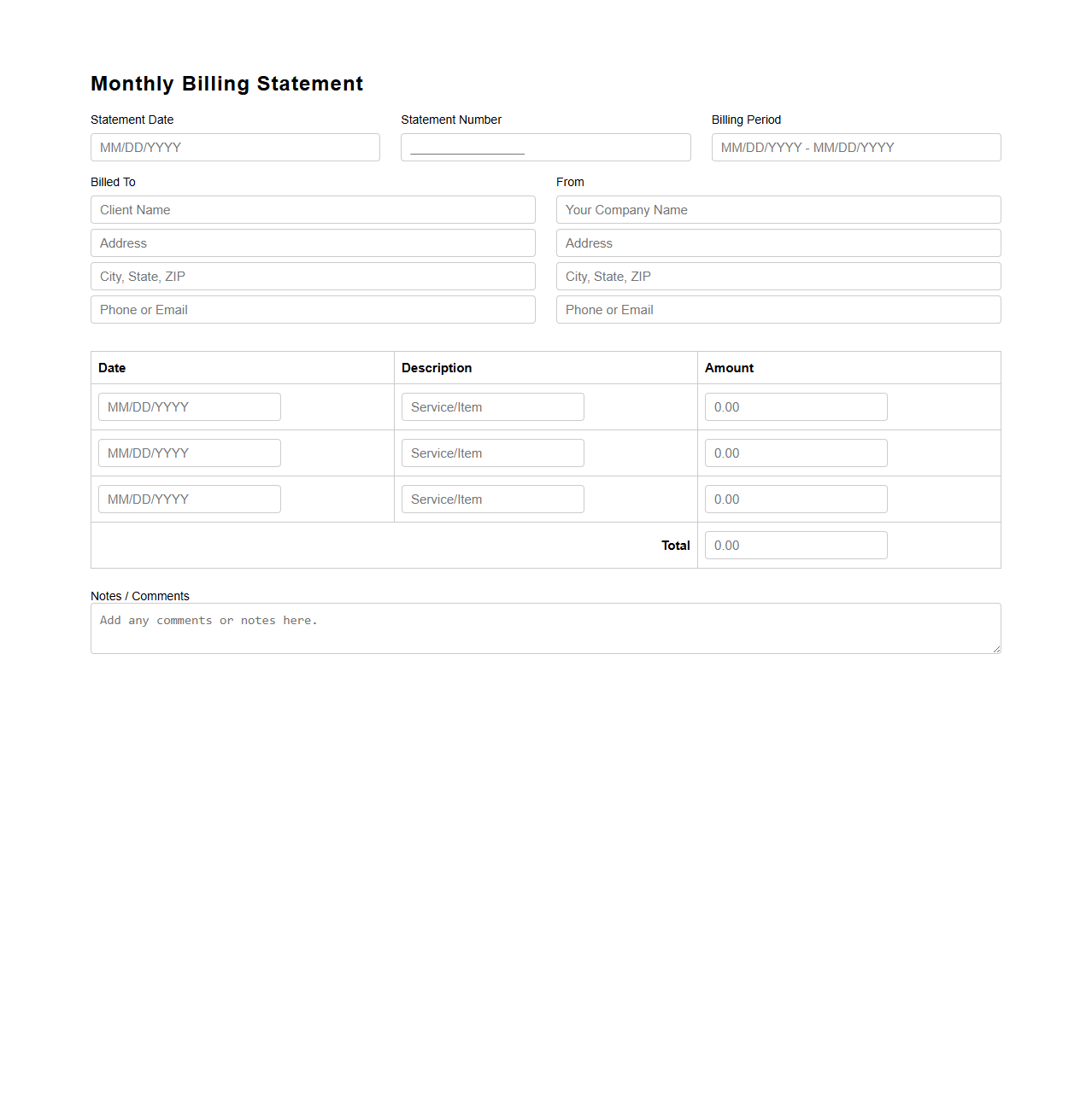 Blank Monthly Billing Statement Form