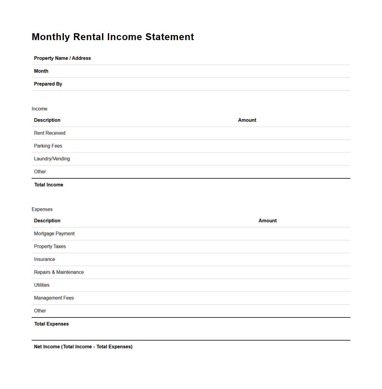 Blank Monthly Rental Income Statement Template