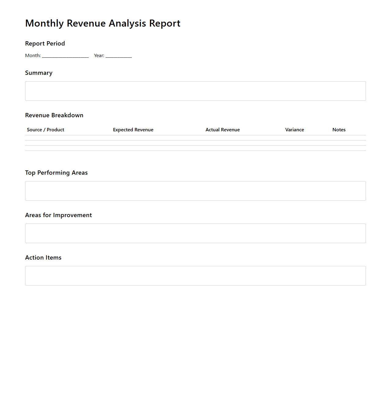 Blank Monthly Revenue Analysis Report