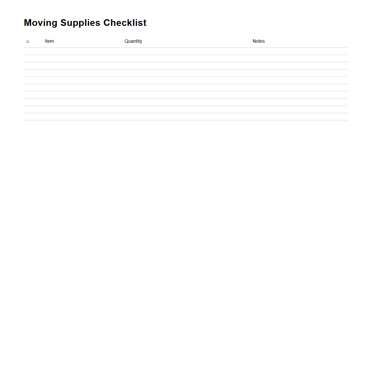 Blank Moving Supplies Checklist Template