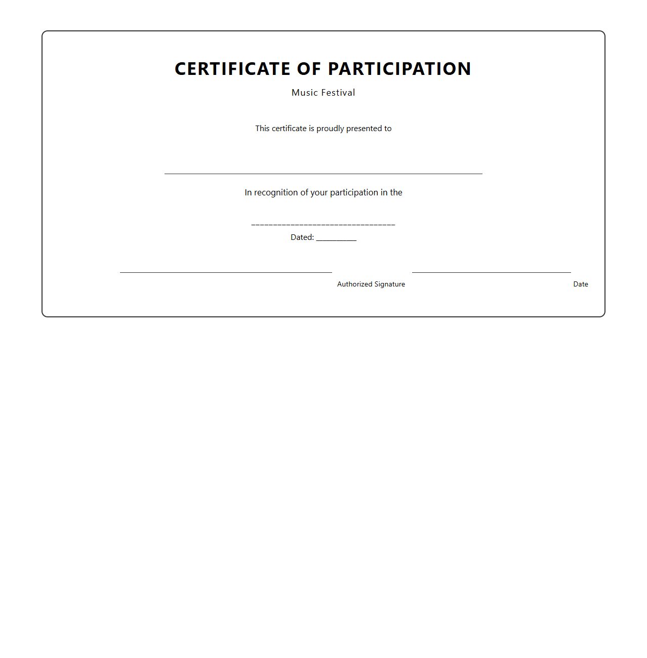 Blank Music Festival Participation Certificate Template