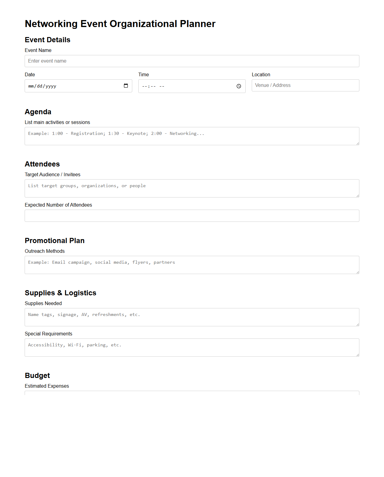 Blank Networking Event Organizational Planner
