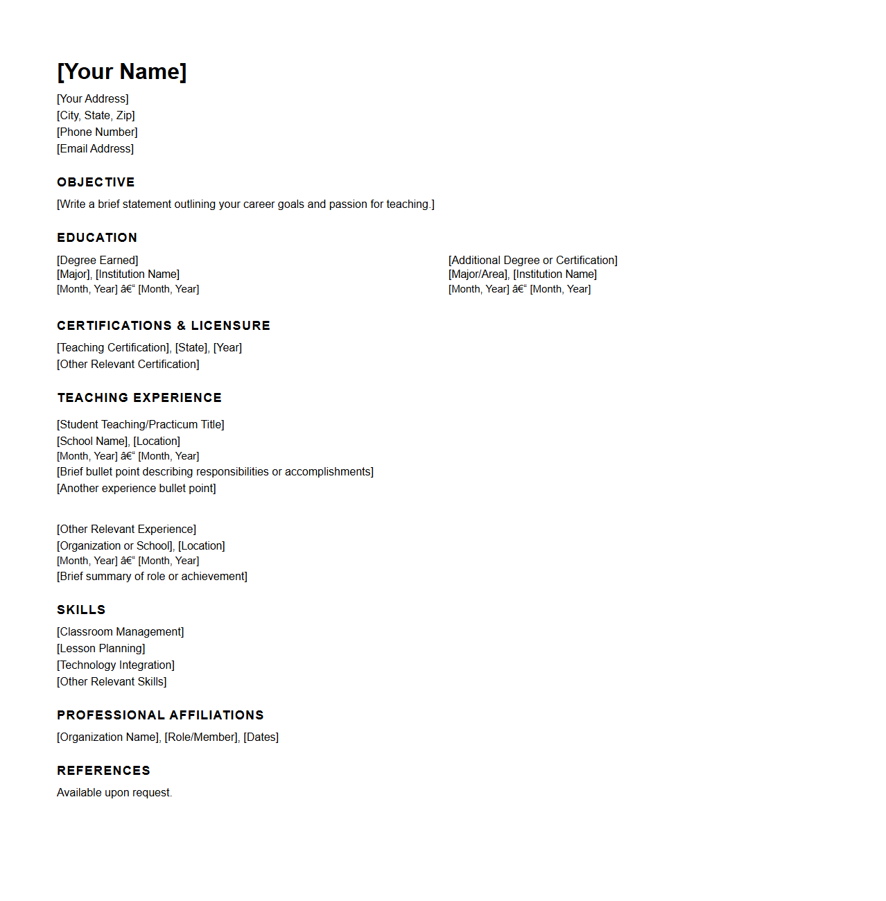 Blank New Teacher Resume Template for Entry-Level Educators