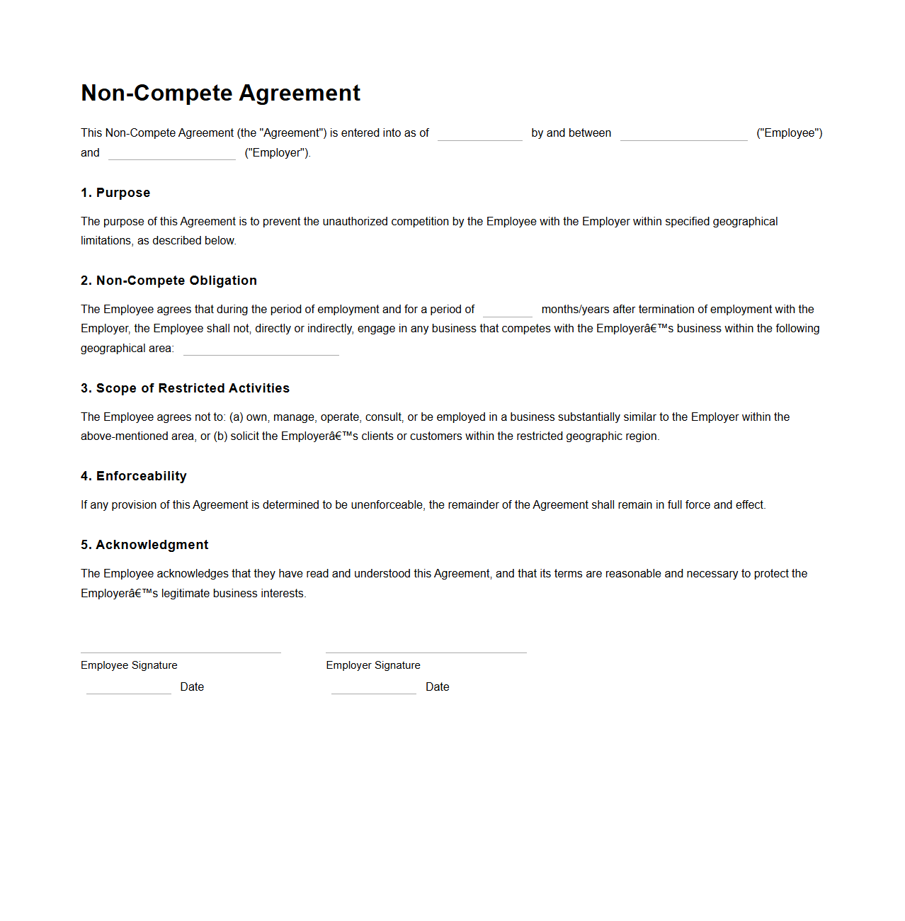 Blank Non-Compete Agreement Template with Geographic Limitations
