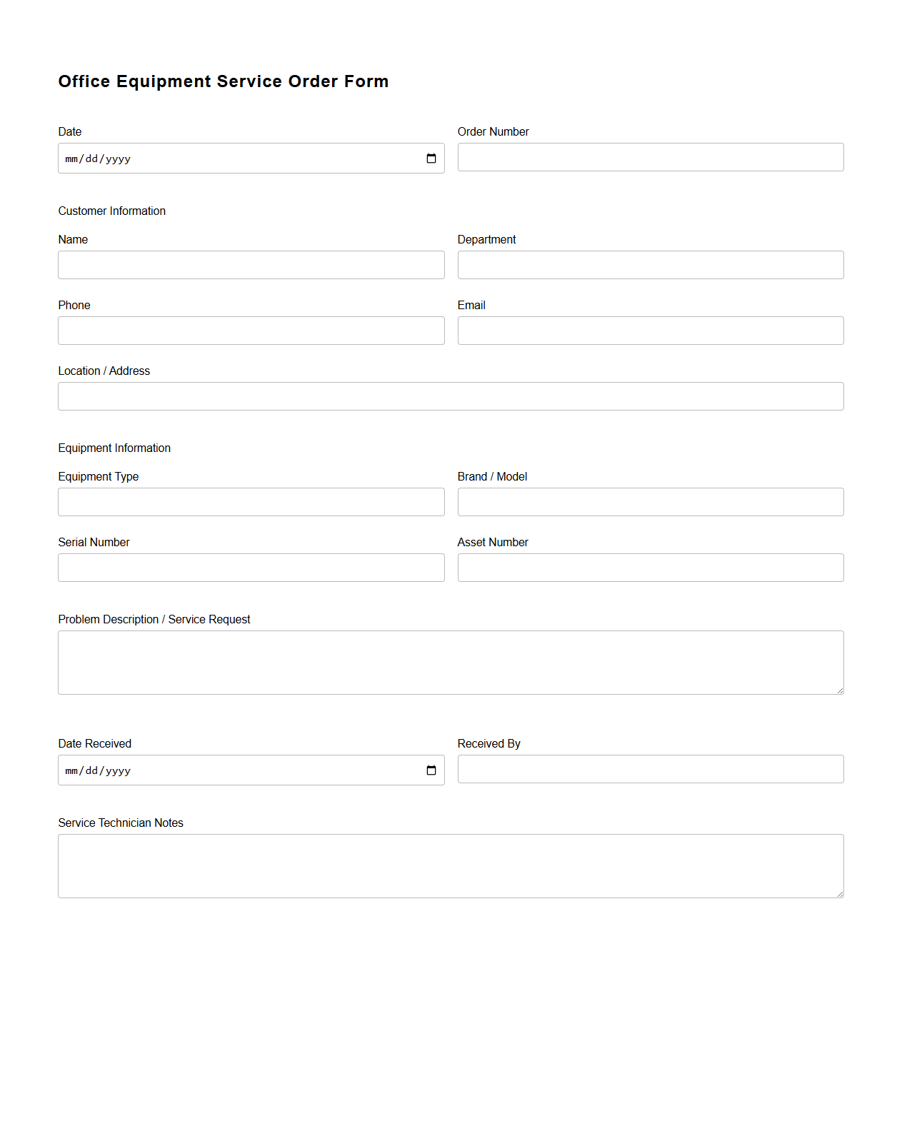 Blank Office Equipment Service Order Form