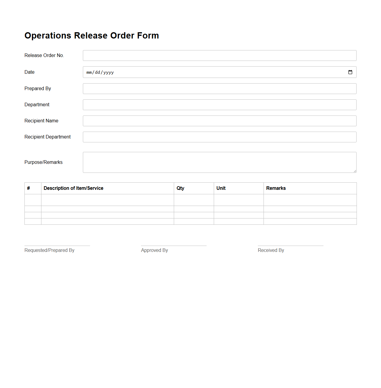 Blank Operations Release Order Form
